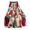 Vintage Floral Leaf Printed Tulle Pleated Women's Long Skirts High Waist Female Umbrella Spring Summer 210428