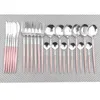 6 Set 24 adet Pembe Altın Yemek 304 Paslanmaz Çelik Çatal Beyaz Bıçak Çatal Kaşık Sofra Silverware 211229