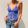 OMSJ SMMER Fantasy Sexy Backless Sling Dunne Tank Top Blue Starry Sky Ripple Print Contrast Color See through Lace-Up Street Tops 210517