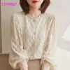 LDYRWQY spring French gentle woolen patchwork round collar lace chiffon blouse woman shirts 210416