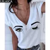 Tops Mulheres Manga Curta Branca Profunda Pescoço V-Neck Print de Malha Causal T Shirt Loose Roupas Moda Escritório Verão Koszulka 210520