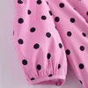 Сладкий шик с высокой талией розовое платье женщин v шеи с коротким рукавом точка печатание повседневные женские пляж летом maxi vestidos 210430