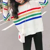 Maglione da donna pullover lavorato a maglia manica lunga bianco a righe arcobaleno sciolto inverno M0013 210514