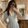 Vintage Koronki Rękaw Puff Midi Sukienka Lato Kwiatowe Drukowane Kobiety Czeski Szyfon Koreański Party Wakacje Lady Beach Vestidos 210520