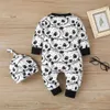 Printemps et été automne bébé panda imprimé combinaison à manches longues avec chapeau ensemble pour garçon 210528