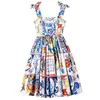 ファッション滑走路夏のドレス女性の弓スパゲッティストラップバックレス青と白の磁器花柄のプリント210623
