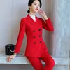 Mode affärsröd byxor kostym kvinnor temperament dubbelbröst långärmad jacka och byxor kontor damer formellt arbete bär 210604