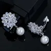 Ingen piercing vit cz kristall dangle droppe pärla blomma klipp på örhängen icke-hål pierced öra smycken för kvinnor cz410 210714