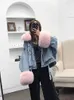 Denim parka mulheres jaqueta de inverno real raposa colar de pele cuffs coelho forro quente solto outerwear streetwear removível