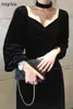 Korean Chic Sexy V-neck Slim Fit Dress Autumn Elegant Casual Soft Femme Vestidos High Waist Black Women 1G859 210422