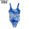 TRAF Women Sexy Fashion Tie-dye Print Stretchy Slim Bodysuits Vintage O Neck Sleeveless Female Playsuits Chic Tops 210415