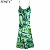 Women Tropical Green Leaves Print Inner Sling Dress Female Spaghetti Strap Side Split Vestidos Chic Summer Dresses DS8278 210420