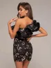 Fashion Embroidery Floral Sequins Design Ruffle Embellishment Sexy One-Shoulder Celebrity Party Mini Dress 210525