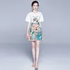 Fashion Runway 2 Pieces Set Women O-neck Short Sleeve Floral print Loose Tshirts Top + Deer Mini Skirt 210529