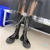 Botas saque booty zipper rodada dedo do pé de luxo clogs plataforma sapatos de salto liso Moda militar lolita couro de borracha med