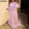 Bohemian Maxi Long Dress 2021 VONDA Sexy Long Robe Femme Lantern Sleeve Floor-Length Party Dress Beach Holiday Vestido Y1204