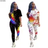 CM.YAYA active wear women painted print two piece set short sleeve tee tops pencil long pants suit sweatsuit tracksuit outfit 211105