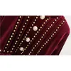 Black Wine Red Velvet Rivet Button Stand Collar Puff Sleeve Long Short Mini Dress Elegant Winter Autum D0890 210514