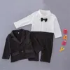 Skoki Wiosna 2022 Baby Boys Gentlemen Wedding Clothes Suit Black Bow Tie Pełna Ramiper Romper + Kurtka Party Dżentelmen Formalny Kostium