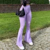 OMSJ Knitted Ribbed Strip Womens High Waist Flare Pants Purple Sexy Slim Long Trousers Basic Solid Casual Sweatpants Female 210517