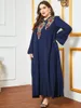 Plus Size Maxi Dress For Women Fall 2021 Elegant Ethnic Embroidery V Neck Long Sleeve Arabic Muslim Clothes Navy Blue RH565 Casual Dresses