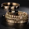 3pcs Set Micro Pave CZ Crown Roman Numeral Mens Bracelets Stainless Steel Crystals Bangles Couple Handmade Jewelry Gift267S