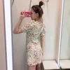 Summer Boho Floral Mini Dress Puff Short Sleeve Casual A Line Dress Women Pleated Single Breasted Beach Dress Ropa Mujer 210414