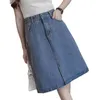 LY Varey Lin Wiosna Lato Kobiety A-Line Denim Spódnice Przypadkowy przycisk Wysoka talia Split Mid Długość Slim 210526