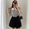 Korejpaa Dames Set Zomer Korea Chic Temperament Contrast Color Revers Check Single-Breasted Blouse High-taille Puffy Skirt 210526