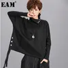 [Eam] Loose Fit Black Ribbon Split Sweatshirt Hög krage Långärmad Kvinnor Stor Storlek Mode Vår Höst OA879 210809