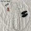 MATAKAWA Mode Blumenkleider Frühlingsfrauen Koreanische Robe Frische elastische Taille A-Linie Frau Kleid Puffärmel Vestidos 210513