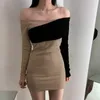 Off Shoulder Patched Black Khaki Y2k Short Sheath Dresses Women New Bodycon Slash Neck Long Sleeve Sexy Party Mini Dress 210415