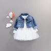 M3949 Kid Girls Denim Mesh Dress Toddler Baby Robes à manches longues Casual Kids Party Clothes