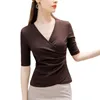 Женская футболка среднего рукава 2021 Весенняя и летняя одежда Хлопок Внутренняя одежда Блуза Дизайн Смысл Управляемый талии