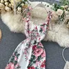 Şifon Çiçek Baskı Elbise Yaz Kadın Moda V Yaka Halter Kayışı Yüksek Bel Ince Kolsuz Vestidos L941 210527