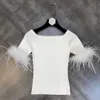 FAOP Design Feather Half Sleeve Slash Neck Stretch Knitted T Shirt Women Top Fashion GB930 210709