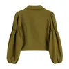 Franse Vintage Blouse Tops Bladerde Puff Lange Mouw Revers Elastische Taille Elegant Shirt Elegant Kantoor Dames Casual Solid Slanke Blusas Top 210417