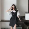 Koreansk stil fritid korta ärmar chiffon topp cool midja kramar dungaree klänning kvinnors tvådelar kostym sommar mode kostymer blazrar