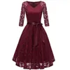 Höst Elegant Kvinna V-Neck Lace Patchwork Midi Dress Vintage Franska Tre Kvartär Ärm Fest med Bälte 210423