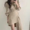 RobeEte Femme秋の韓国のカジュアルシャツのドレス女性のファッションスリムウエストの不規則ロングドレスvestidos sukienki letnie 210514