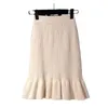 New Ladies Elastic Autumn Winter Women Skirts Office Wear Sexy Warm Ruffles Knitted Straight Skirt Mid-Long Bdoycon Skirt Female 210416