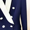 Navy Blue Jacket Coat Fashion Metal Knapp Dubbelbröst Långärmad Slim Shawl Collar Work Business Blazer Women 210525