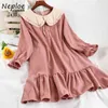 Neploe Sweet Cute Peter Pan Collar Women Dresses Autumn Winter New Loose Fashion Vestidos Chic Ruffles Patchwork Dress 1H791 210423