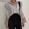 Coreano Primavera Verão Mulheres Blusa Causal Striepd Split Side Sleeve Camisa Elegante Moda Blusas Mujer 210519