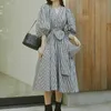 Japan Style Sweet Fresh V-neck Puff Sleeve Dresses Women Fashion Elegant Bow Sashes Dress Spring Office Lady Vestidos 210525