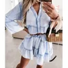 [DEAT] SOMMAR FASHION V-Neck High Waist Ruffles Långärmad Jacquard Loose Elegant Dress Women 13q002 210527