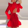 夏の女性の赤いフリル長袖人魚のミニ包帯ドレスセクシーな中空アウトボタンイブニングクラブパーティー210423