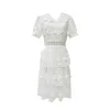 Verano blanco malla bordado vestido mujer manga corta con cuello en v patchwork mid vestidos femenino casual fiesta vestido 210603