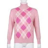 アーガイルの幾何学的ニットスイートピンクのセーター女性秋の暖かいタートルネック長袖ビンテージチェック柄プルオーバートップスジャンパー210510