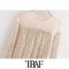 TRAF Women Sexy Fashion Mesh Patchwork Sequins Blouses Vintage O Neck Long Sleeve Female Shirts Blusas Chic Tops 210415